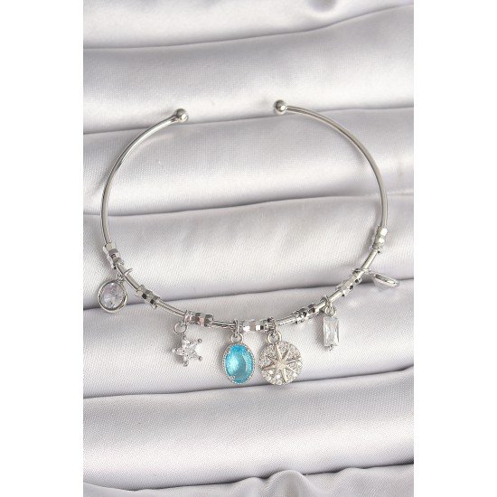 Pirinç Gümüş Renk Sallantı Pusula Figür Kalp Detay Charm Kadın Bileklik Pirinç Gümüş Renk Sallantı Pusula Figür Kalp Detay Charm Kadın Bileklik