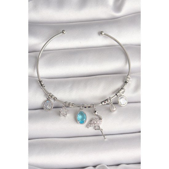 Pirinç Gümüş Renk Sallantı Zirkon Taşlı Filaminga Figür Charm Kadın Bileklik Pirinç Gümüş Renk Sallantı Zirkon Taşlı Filaminga Figür Charm Kadın Bileklik