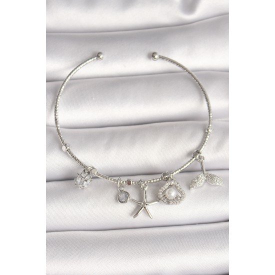 Pirinç Gümüş Renk Sallantı Zirkon Taşlı Deniz Yıldız Figür Balık Kuyruğu Detay Charm Kadın Bileklik Pirinç Gümüş Renk Sallantı Zirkon Taşlı Deniz Yıldız Figür Balık Kuyruğu Detay Charm Kadın Bileklik