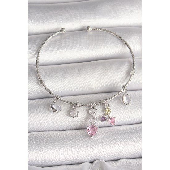 Pirinç Gümüş Renk Sallantı Zirkon Taşlı Kalp Figür Charm Kadın Bileklik