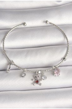 Pirinç Gümüş Renk Sallantı Zirkon Taşlı Ayıcık Figür Kırmızı Taş Detay Charm Kadın Bileklik