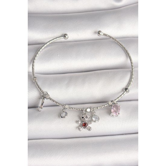 Pirinç Gümüş Renk Sallantı Zirkon Taşlı Ayıcık Figür Kırmızı Taş Detay Charm Kadın Bileklik Pirinç Gümüş Renk Sallantı Zirkon Taşlı Ayıcık Figür Kırmızı Taş Detay Charm Kadın Bileklik