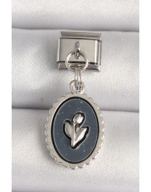 316L Çelik Gümüş Renk Çiçek İşlemeli Siyah Portre Model Nomination Charm