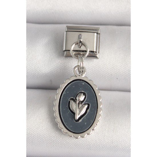 316L Çelik Gümüş Renk Çiçek İşlemeli Siyah Portre Model Nomination Charm