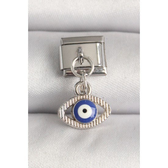 316L Çelik Gümüş Renk Nazar Boncuk Detaylı Göz Model Nomination Charm