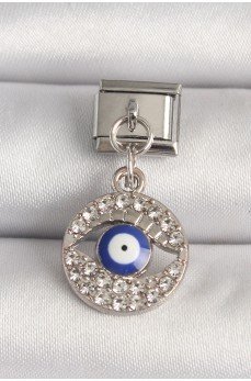 316L Çelik Gümüş Renk Zirkon Taşlı Göz Model Nazar Boncuk Detay Nomination Charm