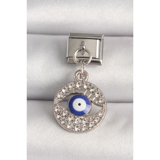 316L Çelik Gümüş Renk Zirkon Taşlı Göz Model Nazar Boncuk Detay Nomination Charm