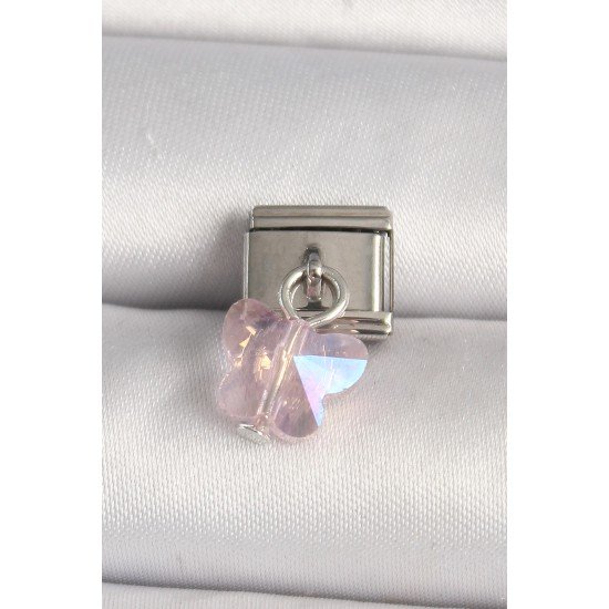 316L Çelik Gümüş Renk Pembe Zirkon Taşlı Kelebek Model Nomination Charm