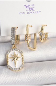 Pirinç Gold Renk Sallantı Zirkon Taş İşlmeli Yıldız Portre Model 3'Lü Kadın Kombin Küpe