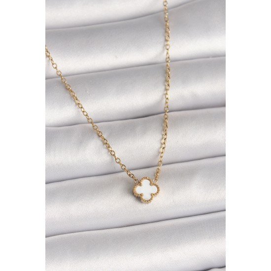 316L Çelik Gold Renk Beyaz Yonca Model Kadın Kolye