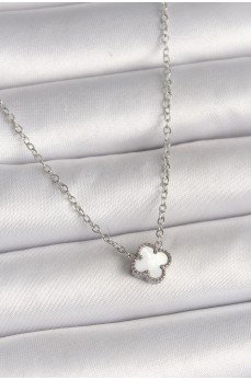 316L Çelik Gümüş Renk Beyaz Yonca Model Kadın Kolye
