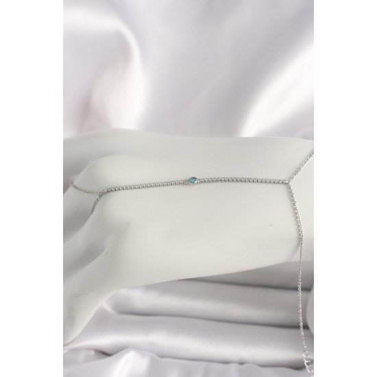 Pirinç Gümüş Renk Su Yolu Zirkon Taşlı Mavi Taş Detaylı Kadın Şahmeran