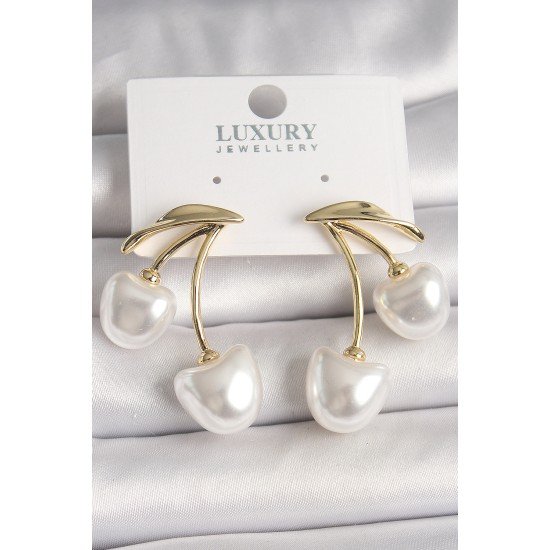 Pirinç Gold Renk Beyaz İnci Kiraz Model Kadın Küpe