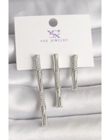 Pirinç Gümüş Renk Zirkon Taşlı Bambu Model 3'Lü Kadın Kombin Küpe