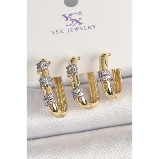 Pirinç Gold Renk 3'Lü Halka Model Gümüş Zirkon Taş Detaylı Kadın Kombin Küpe