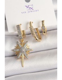 Pirinç Gold Renk Sallantı Zirkon Taşlı Kutup Yıldız Model 3'Lü Kadın Kombin Küpe