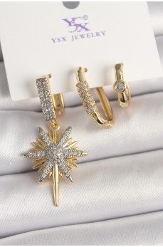 Pirinç Gold Renk Sallantı Zirkon Taşlı Kutup Yıldız Model 3'Lü Kadın Kombin Küpe