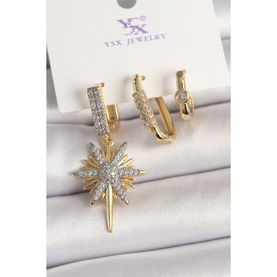 Pirinç Gold Renk Sallantı Zirkon Taşlı Kutup Yıldız Model 3'Lü Kadın Kombin Küpe