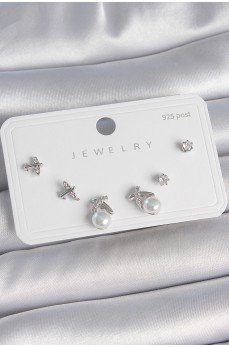 Pirinç Gümüş Renk Zirkon Taşlı Kelebek Model İnci Detay 925 Ayar Gümüş Çivi Kadın Küpe Seti