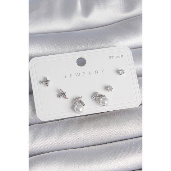 Pirinç Gümüş Renk Zirkon Taşlı Kelebek Model İnci Detay 925 Ayar Gümüş Çivi Kadın Küpe Seti