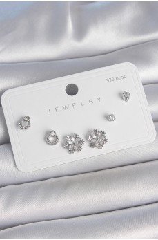 Pirinç Gümüş Renk Zirkon Taşlı Kar Tanesi Model 925 Ayar Gümüş Çivi Kadın Küpe Seti