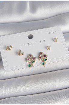 Pirinç Gold Renk Renkli Zirkon Taşlı Çiçek Model Yaprak Detay 925 Ayar Gümüş Çivi Kadın Küpe Seti