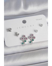Pirinç Gümüş Renk Renkli Zirkon Taşlı Çiçek Model Yaprak Detay 925 Ayar Gümüş Çivi Kadın Küpe Seti