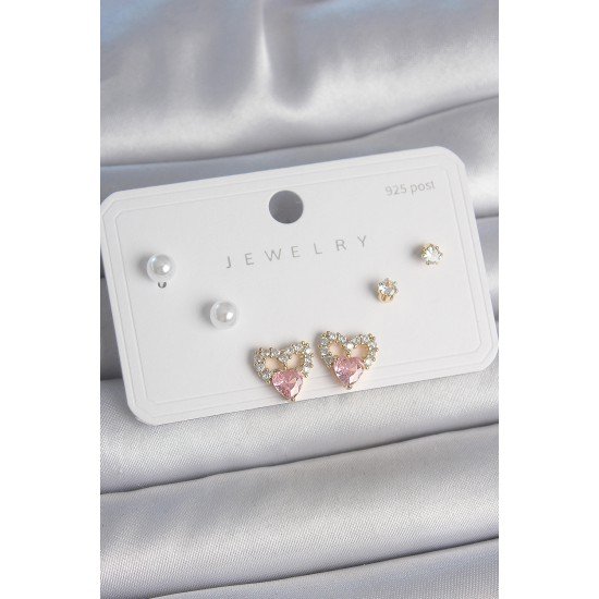 Pirinç Gold Renk Pembe Zirkon Taşlı Kalp Model İnci Detay 925 Ayar Kadın Küpe Seti Pirinç Gold Renk Pembe Zirkon Taşlı Kalp Model İnci Detay 925 Ayar Kadın Küpe Seti