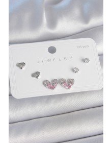 Pirinç Gümüş Renk Pembe Zirkon Taşlı Kalp Model 925 Ayar Gümüş Çivi Kadın Küpe Seti