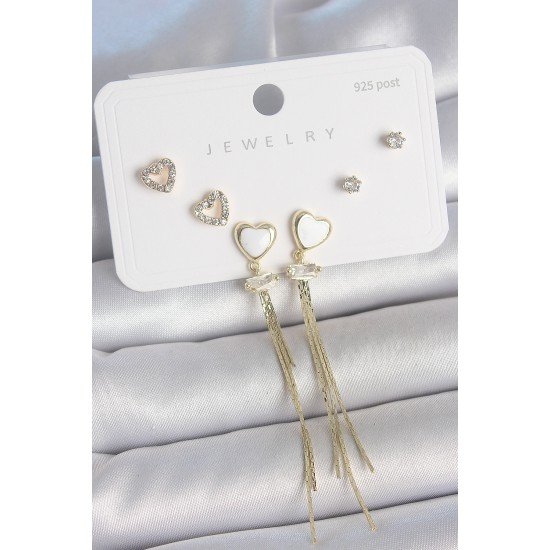 Pirinç Gold Renk Beyaz Mineli Sallantı Mineli Kalp Model Zirkon Taş Detaylı 925 Ayar Gümüş Çivi Kadın Küpe Seti Pirinç Gold Renk Beyaz Mineli Sallantı Mineli Kalp Model Zirkon Taş Detaylı 925 Ayar Gümüş Çivi Kadın Küpe Seti