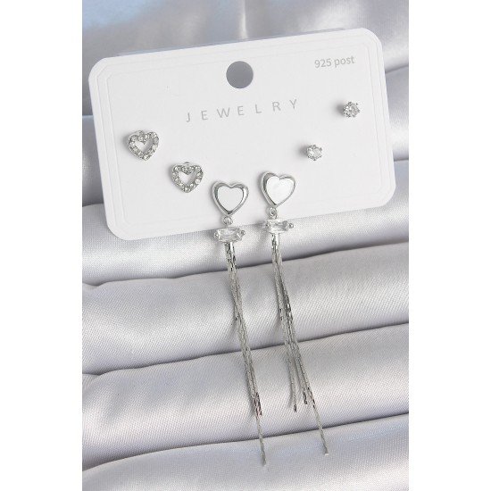 Pirinç Gümüş Sallantı Beyaz Mineli Kalp Model Zirkon Taşlı Kalp Detay 925 Ayar Gümüş Çivi Kadın Küpe Seti