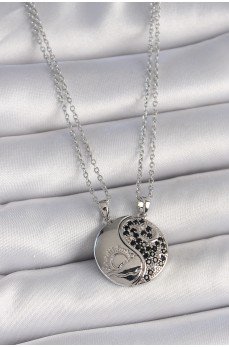 316L Çelik Gümüş Renk Zincir Zirkon Taşlı Ying Yang Model Gün Batımı İşlemeli Arakdaşlık Kadın Kolye