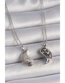 316L Çelik Gümüş Renk Zincir Zirkon Taşlı Ying Yang Model Gün Batımı İşlemeli Arakdaşlık Kadın Kolye