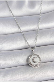 316L Çelik Gümüş Renk Zincir Beyaz Mineli Hilal İşlemeli Madalyon Model Kadın Kolye