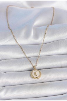 316L Çelik Gold Renk Zincir Beyaz Mineli Hilal İşlemeli Madalyon Model Kadın Kolye