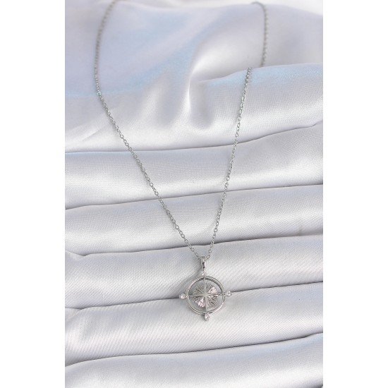 316L Çelik Gümüş Renk Zincir Zirkon Taşlı Pusula Model Kadın Kolye