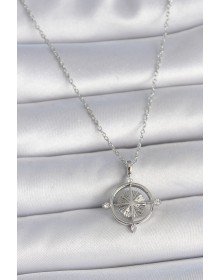 316L Çelik Gümüş Renk Zincir Zirkon Taşlı Pusula Model Kadın Kolye