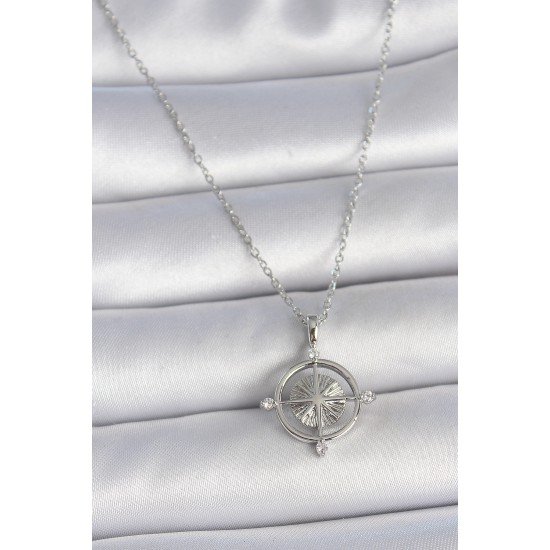 316L Çelik Gümüş Renk Zincir Zirkon Taşlı Pusula Model Kadın Kolye