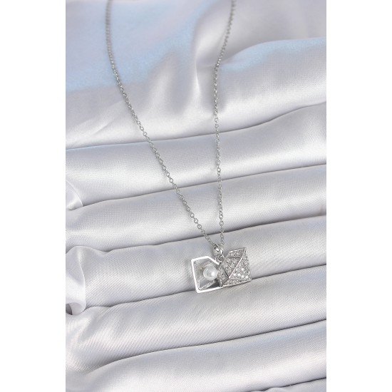 316L Çelik Gümüş Renk Zincir Zirkon Taşlı İncili Açılır Elmas Model Kadın Kolye