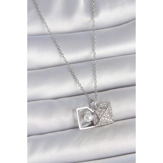 316L Çelik Gümüş Renk Zincir Zirkon Taşlı İncili Açılır Elmas Model Kadın Kolye