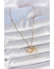 316L Çelik Gold Renk Zincir Zirkon Taşlı Açılır İncili Elmas Model Kadın Kolye