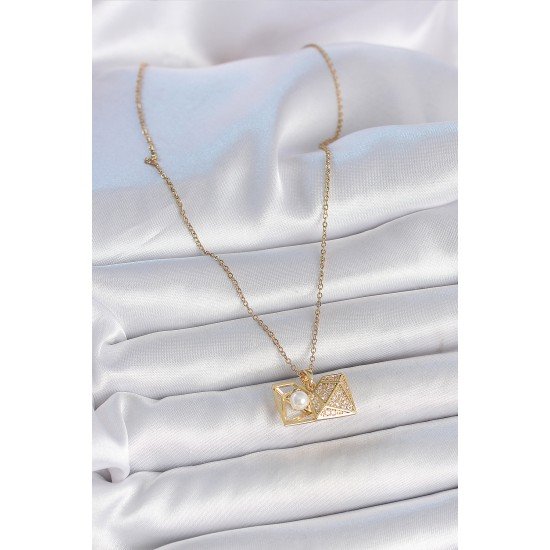 316L Çelik Gold Renk Zincir Zirkon Taşlı Açılır İncili Elmas Model Kadın Kolye