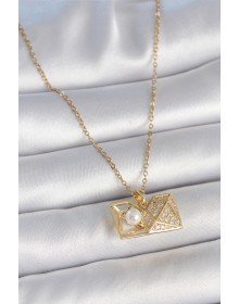 316L Çelik Gold Renk Zincir Zirkon Taşlı Açılır İncili Elmas Model Kadın Kolye