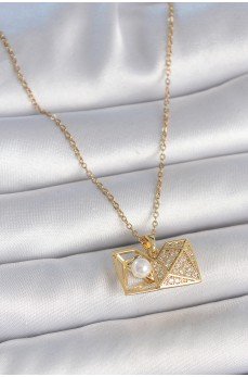 316L Çelik Gold Renk Zincir Zirkon Taşlı Açılır İncili Elmas Model Kadın Kolye