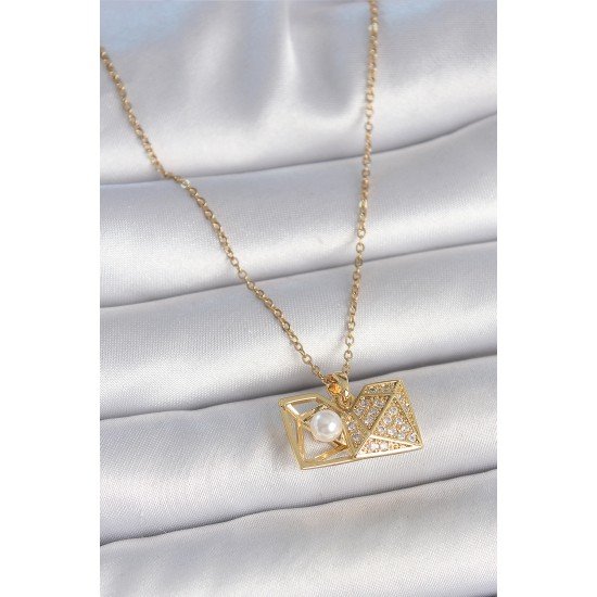 316L Çelik Gold Renk Zincir Zirkon Taşlı Açılır İncili Elmas Model Kadın Kolye