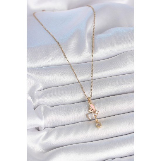 316L Çelik Gold Renk Zincir Damla Zirkon Taşlı Kelebek Model Sallantı Detay Kadın Kolye