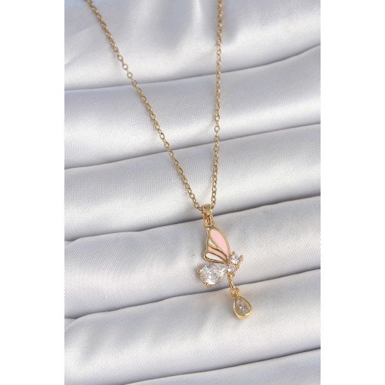 316L Çelik Gold Renk Zincir Damla Zirkon Taşlı Kelebek Model Sallantı Detay Kadın Kolye