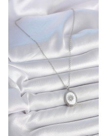 316L Çelik Gümüş Renk Beyaz Mineli Güneş İşlemeli Nazar Boncuk Detay Madalyon Model Kadın Kolye