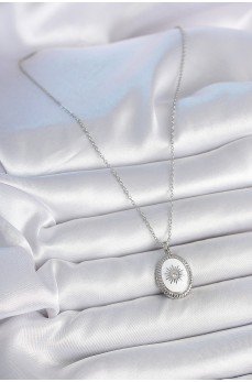 316L Çelik Gümüş Renk Beyaz Mineli Güneş İşlemeli Nazar Boncuk Detay Madalyon Model Kadın Kolye