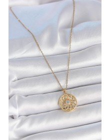 316L Çelik Gold Renk Zincr Mavi Taşlı Lotus Model Kadın Kolye